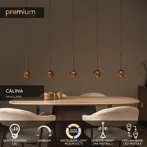 Lucide CALINA - Hanglamp - LED Dimb. - CCT - 5x8,2W 2200K/3300K - Met vervangbare LED-module - Koffie - Premium - USP
